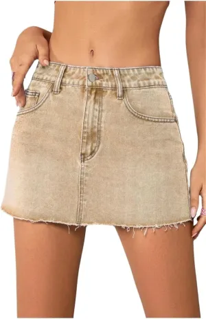 2025 Women's Single Button Front Raw Hem Plain Denim Mini Skirt with Pockets - Perfect for Everyday Wear