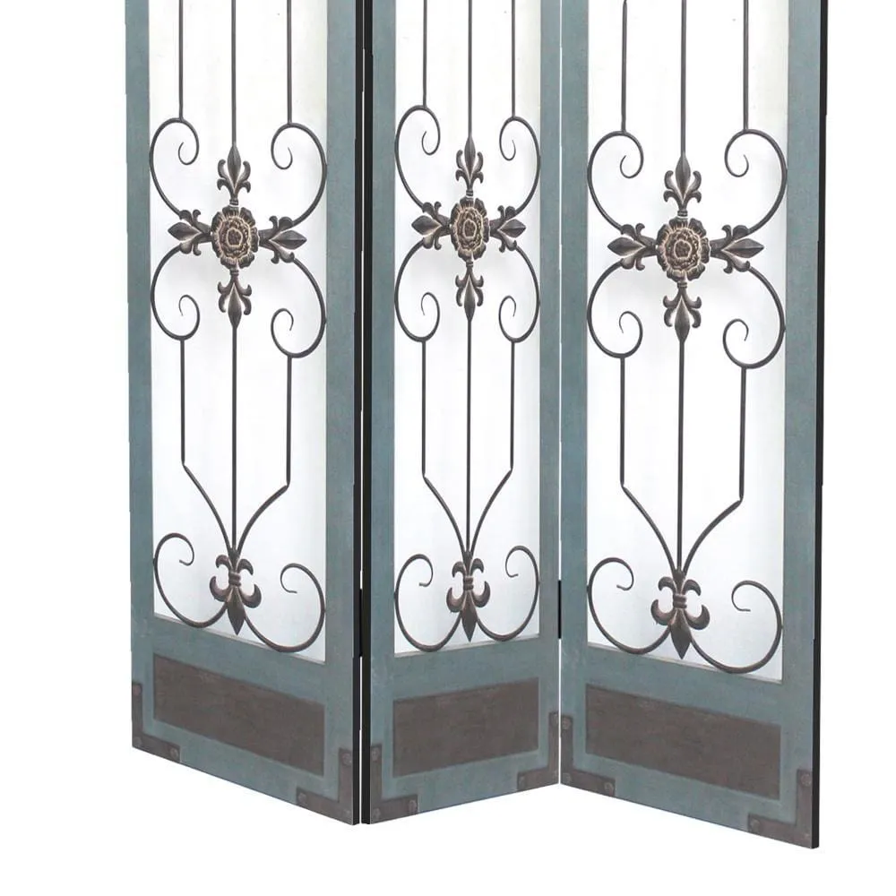 72 Inch 3 Panel Metal Room Divider, Motif Panels, Gray By Casagear Home