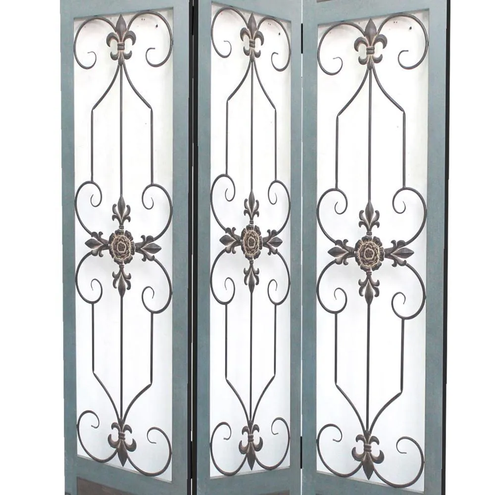 72 Inch 3 Panel Metal Room Divider, Motif Panels, Gray By Casagear Home
