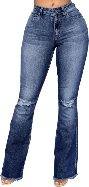 Bell Bottom Jeans for Women Dark Blue High Waisted Flare Jean Ripped Hole Classic Denim Bell Bottom Pants