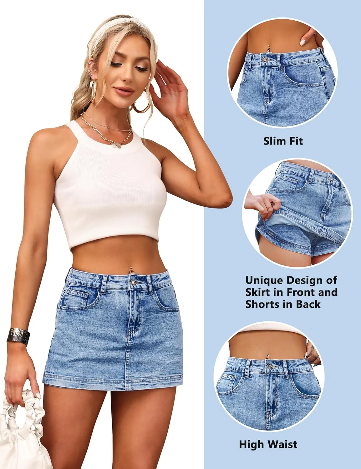 BISUAL Denim Skort for Women High Waist Mini Denim Skirt Casual Stretch Women Jean Skirt with Pockets