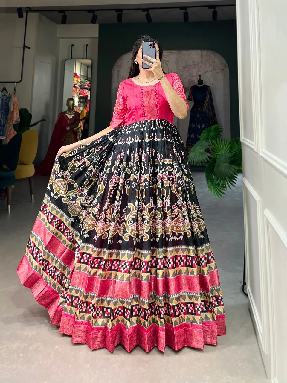 Black Dola Silk Printed Gown with Zari Border
