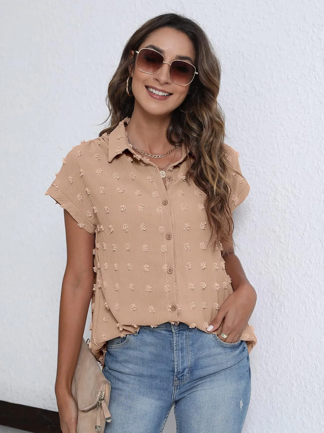 BOTHENIAL Women White Button Down Shirt Dressy Casual Work Tops Chiffon Blouse Summer Short Sleeve Shirts