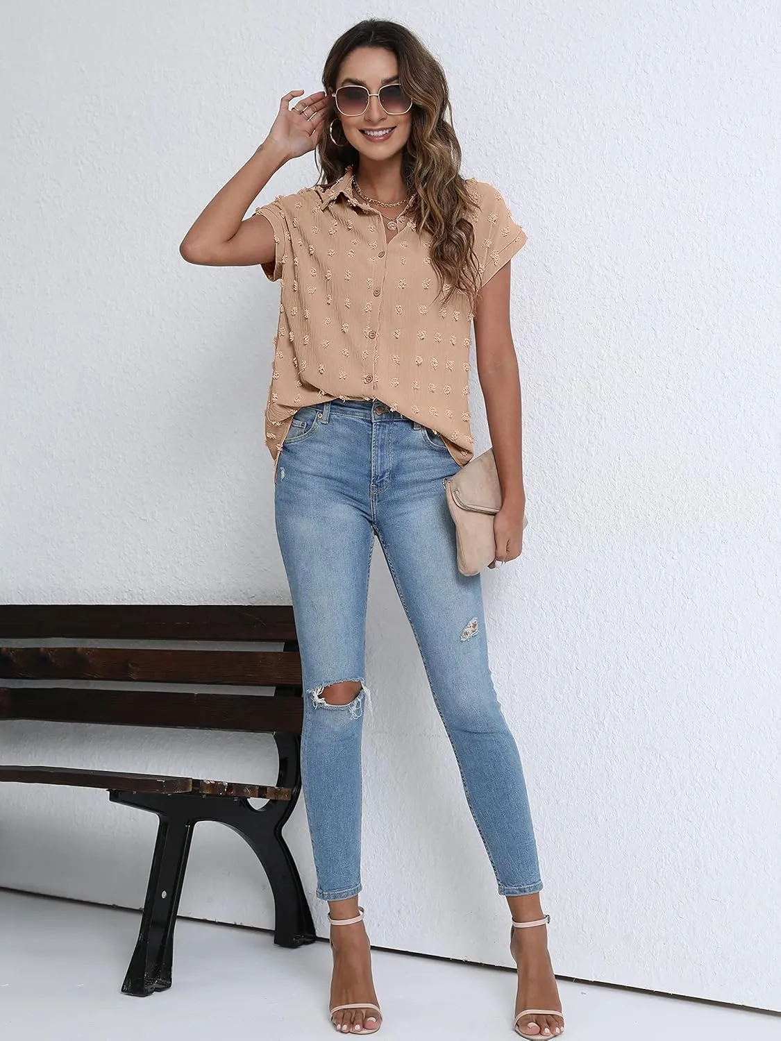 BOTHENIAL Women White Button Down Shirt Dressy Casual Work Tops Chiffon Blouse Summer Short Sleeve Shirts