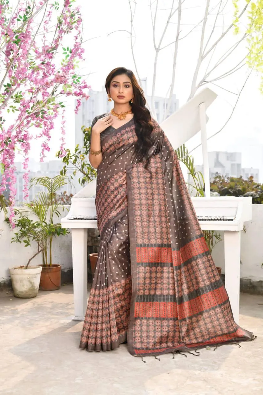 Brown Ethnic Cotton Silk Saree