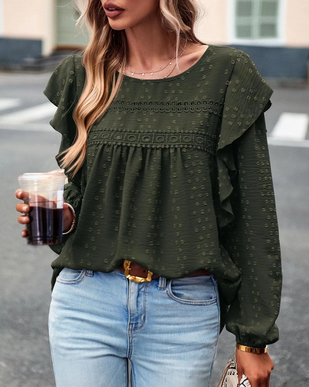 BTFBM Long Sleeve Swiss Dot Blouses for Women Dressy Casual Spring Fall Crewneck Boho Western Shirts Business Work Tops