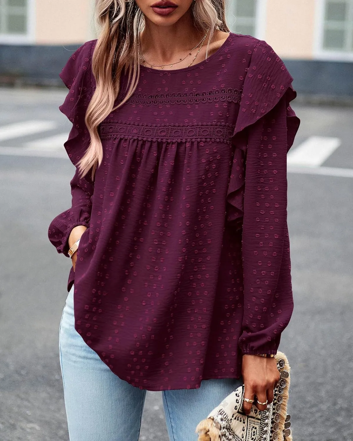 BTFBM Long Sleeve Swiss Dot Blouses for Women Dressy Casual Spring Fall Crewneck Boho Western Shirts Business Work Tops