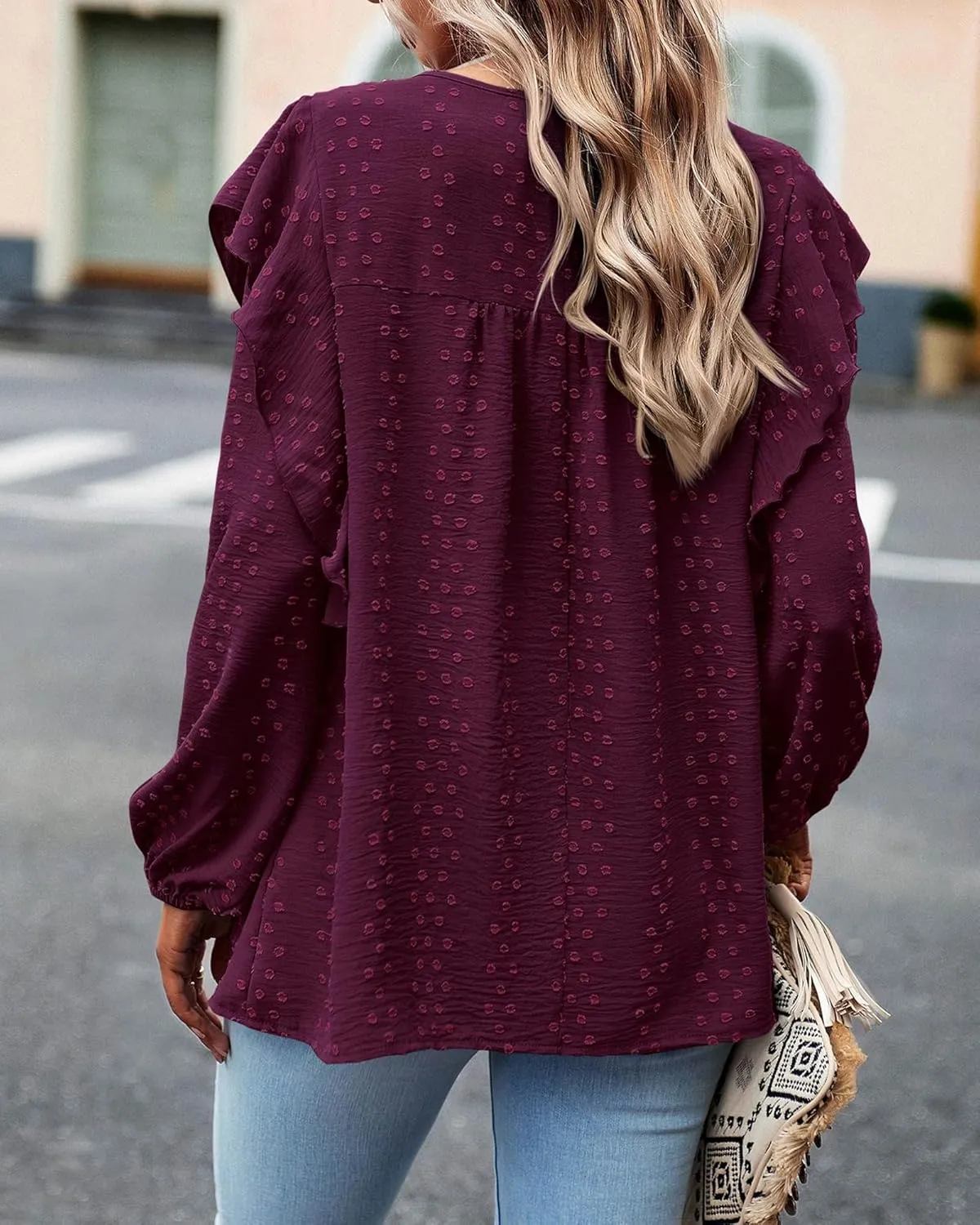 BTFBM Long Sleeve Swiss Dot Blouses for Women Dressy Casual Spring Fall Crewneck Boho Western Shirts Business Work Tops