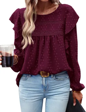 BTFBM Long Sleeve Swiss Dot Blouses for Women Dressy Casual Spring Fall Crewneck Boho Western Shirts Business Work Tops