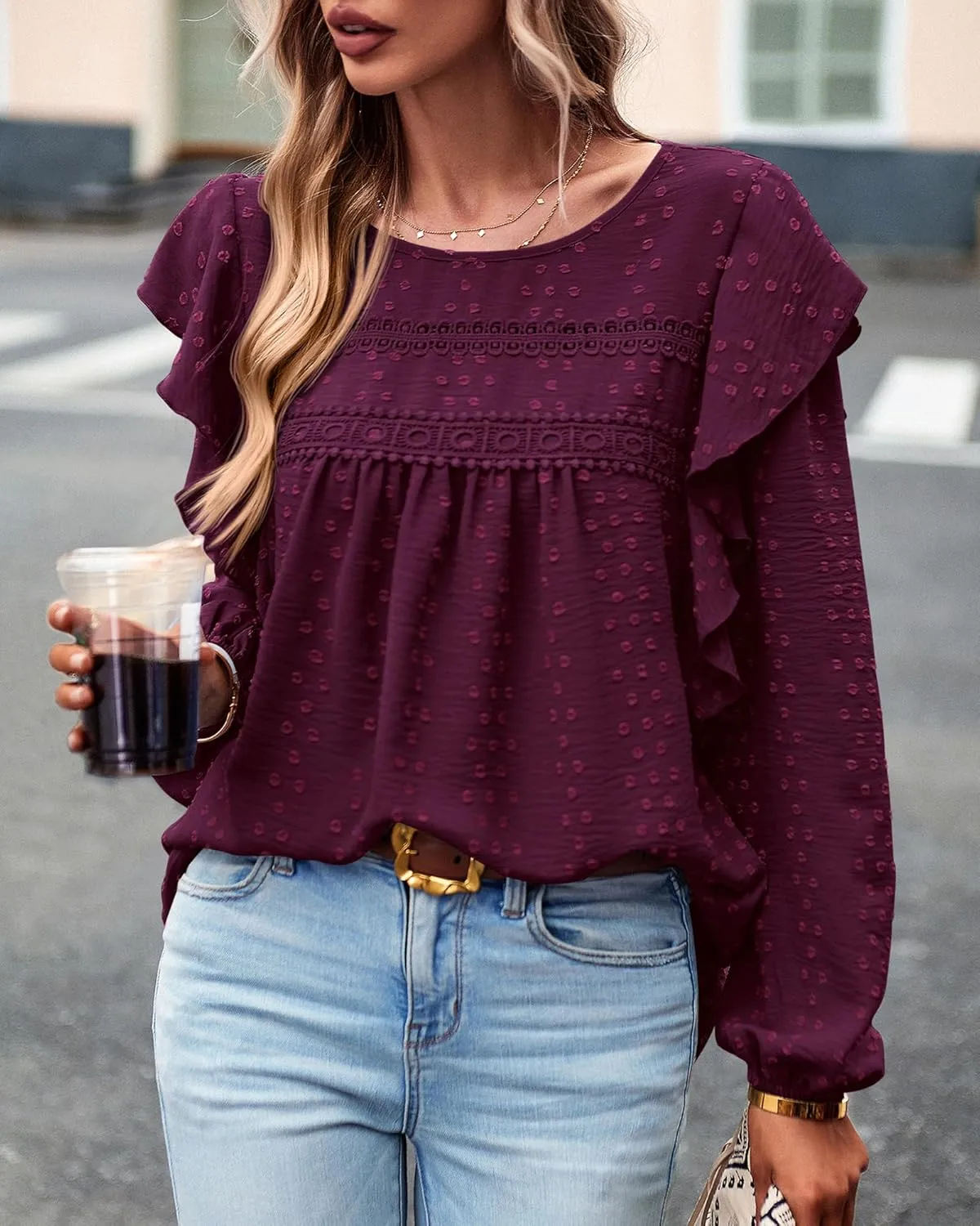 BTFBM Long Sleeve Swiss Dot Blouses for Women Dressy Casual Spring Fall Crewneck Boho Western Shirts Business Work Tops