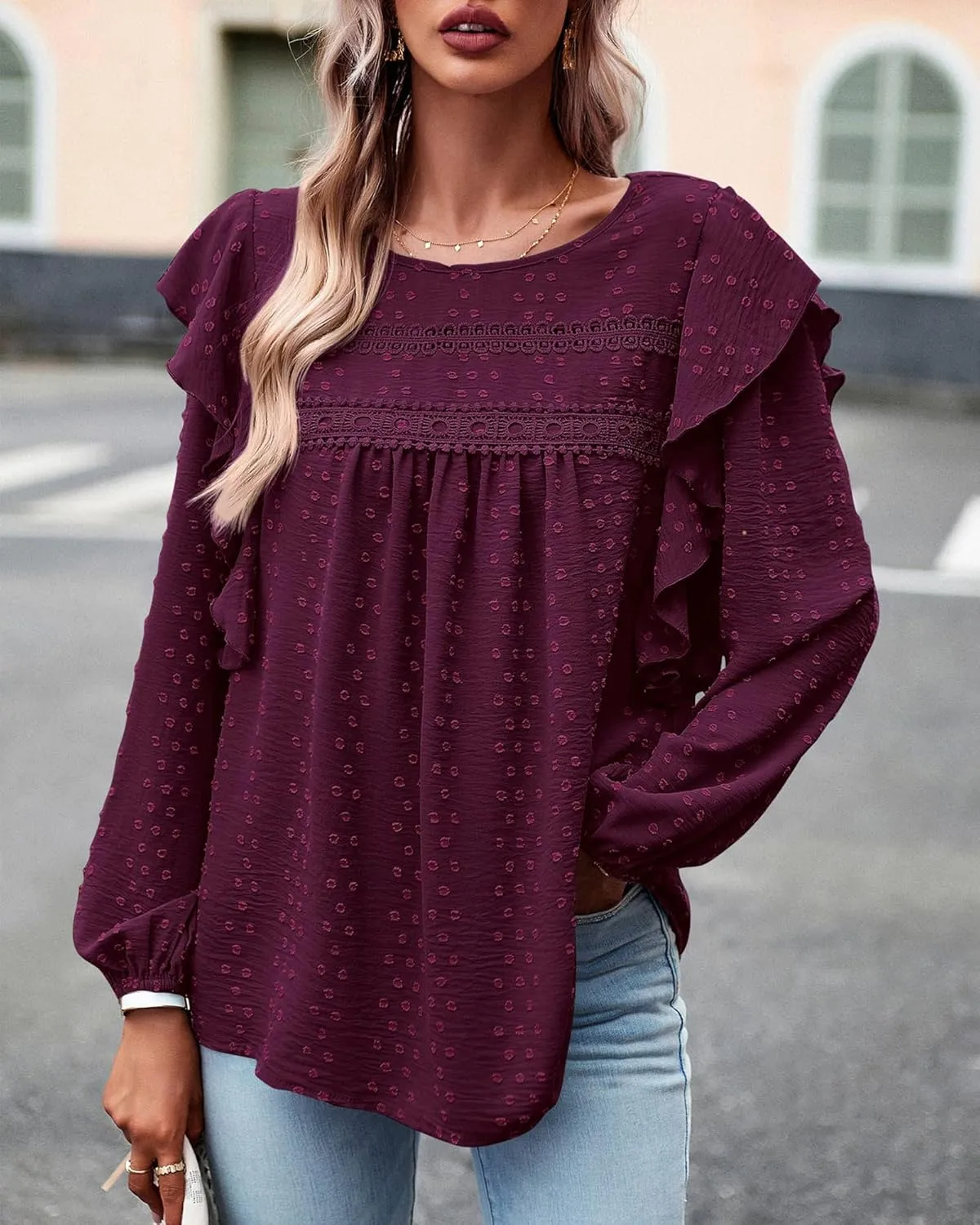 BTFBM Long Sleeve Swiss Dot Blouses for Women Dressy Casual Spring Fall Crewneck Boho Western Shirts Business Work Tops