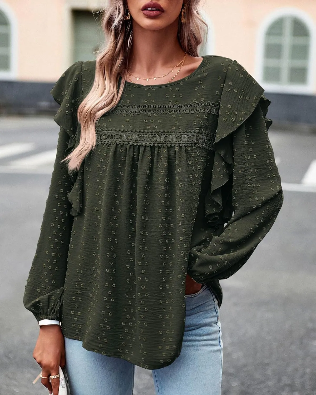BTFBM Long Sleeve Swiss Dot Blouses for Women Dressy Casual Spring Fall Crewneck Boho Western Shirts Business Work Tops