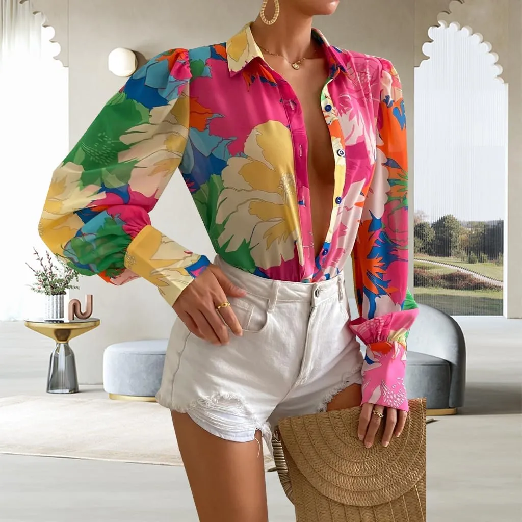 Button Down Shirts for Women Dressy Lantern Long Sleeve Blouses Printed Casual Loose Colorful Blouse Work Tops