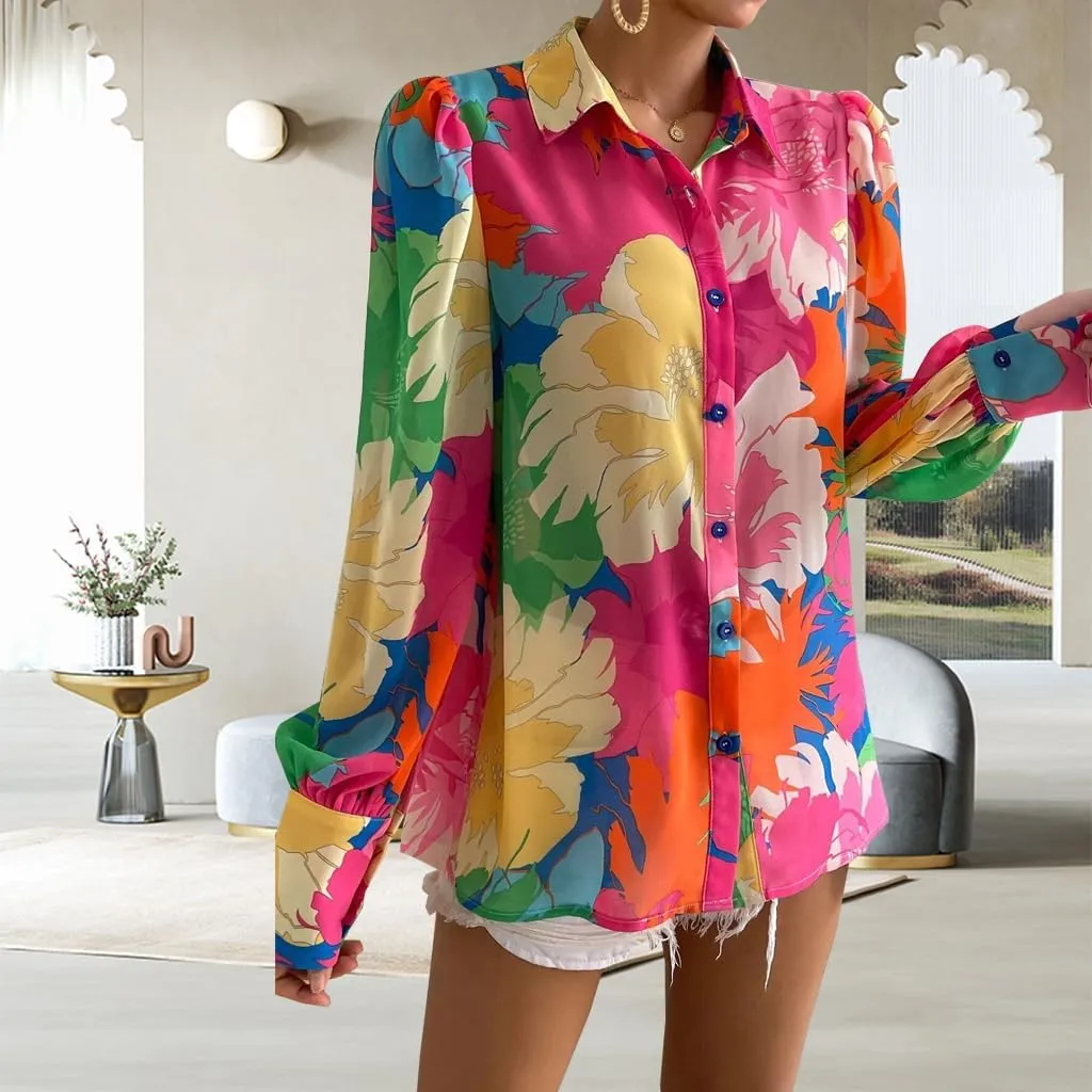 Button Down Shirts for Women Dressy Lantern Long Sleeve Blouses Printed Casual Loose Colorful Blouse Work Tops
