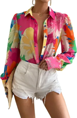 Button Down Shirts for Women Dressy Lantern Long Sleeve Blouses Printed Casual Loose Colorful Blouse Work Tops