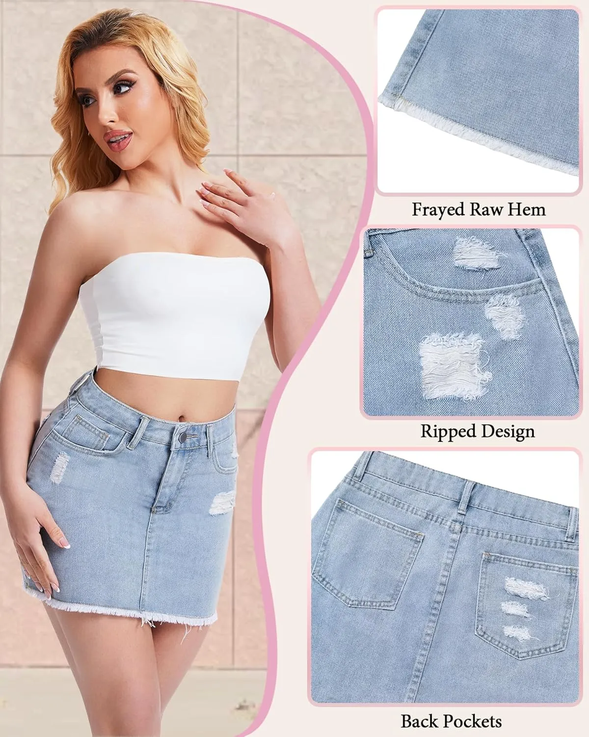 Casual Jean Skirts for Women Denim Mini Skirt Ripped Mid Waist Jean Skirt Frayed Raw Hem Denim Skirts