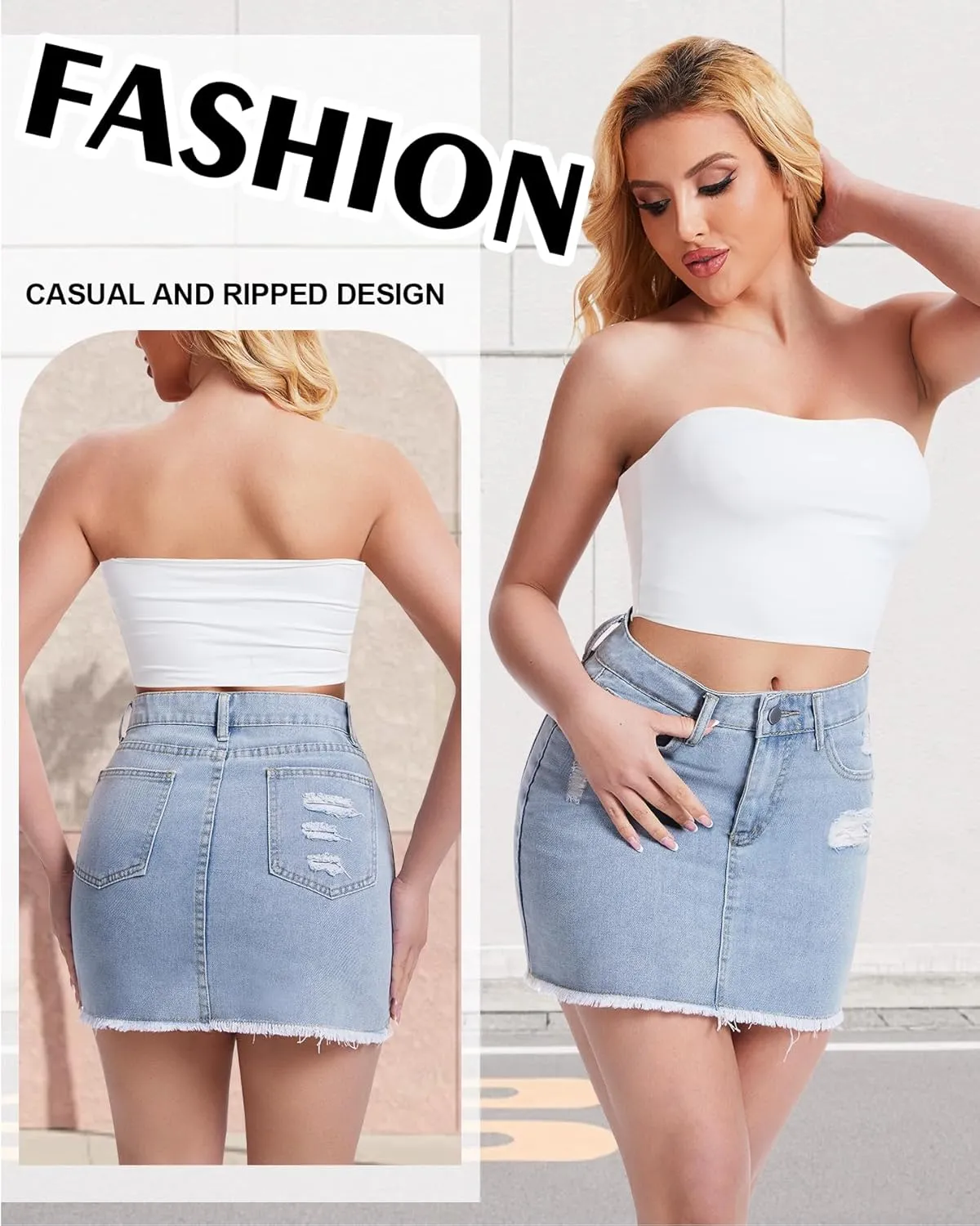 Casual Jean Skirts for Women Denim Mini Skirt Ripped Mid Waist Jean Skirt Frayed Raw Hem Denim Skirts
