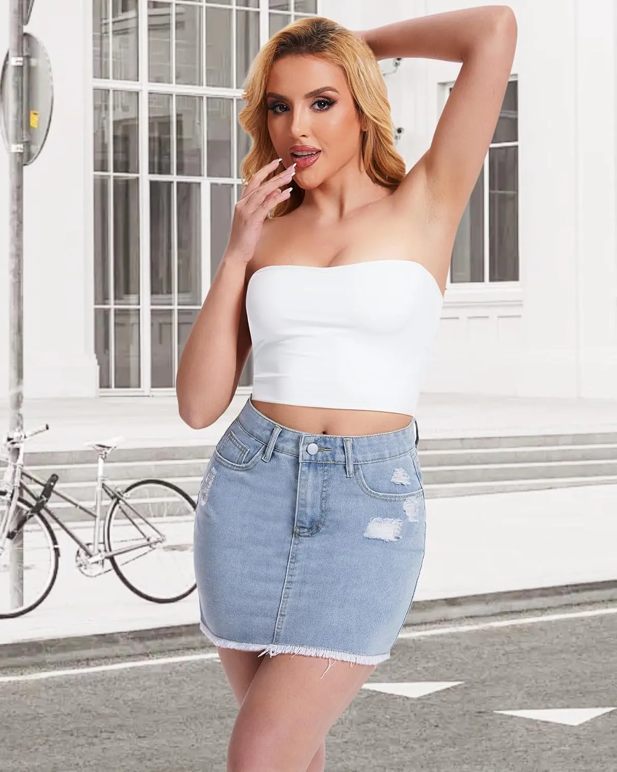 Casual Jean Skirts for Women Denim Mini Skirt Ripped Mid Waist Jean Skirt Frayed Raw Hem Denim Skirts