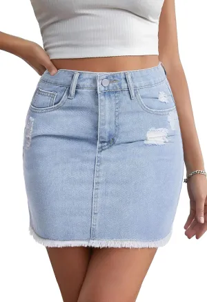 Casual Jean Skirts for Women Denim Mini Skirt Ripped Mid Waist Jean Skirt Frayed Raw Hem Denim Skirts