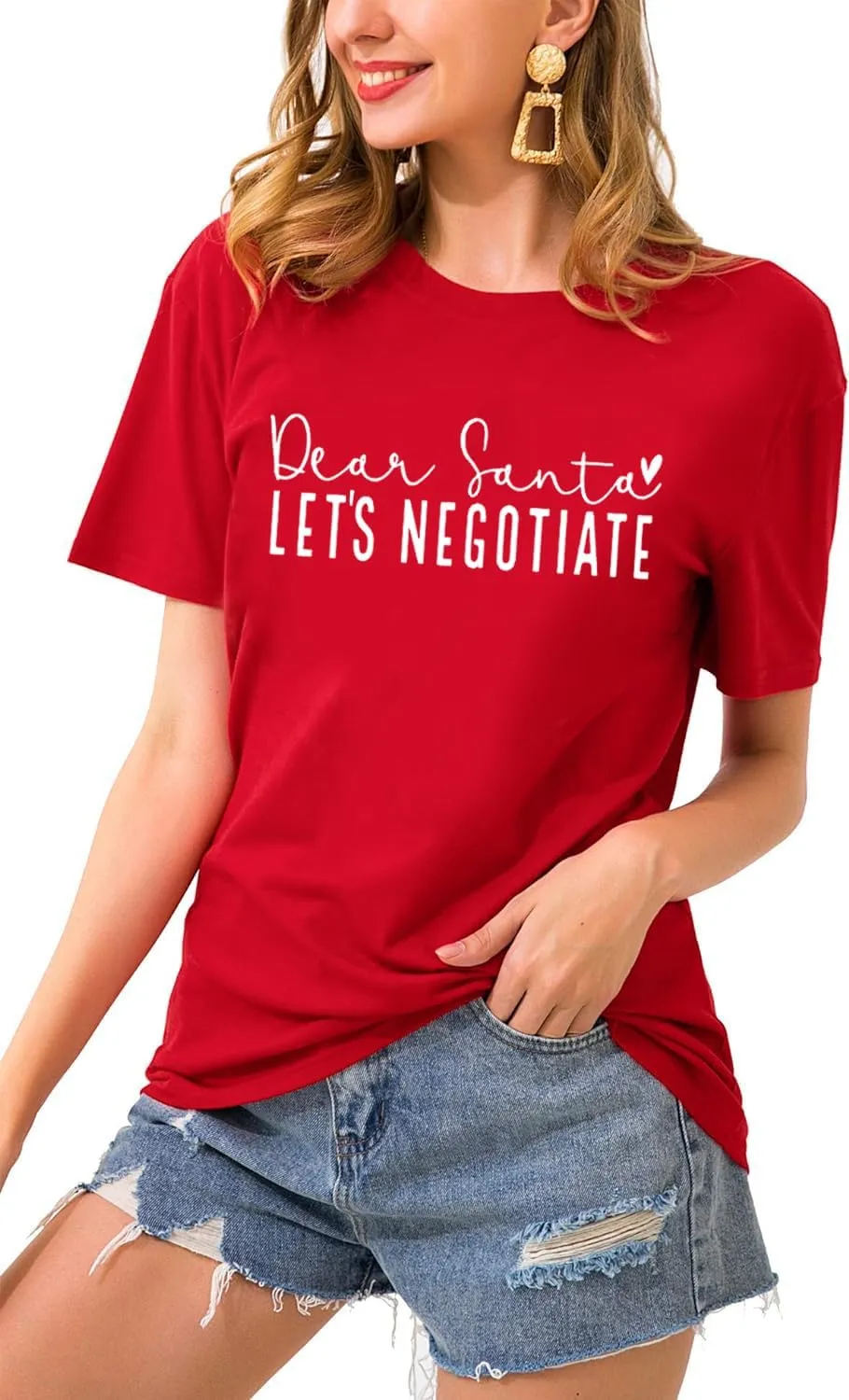 Christmas Shirts for Women Funny Saying Graphic Tees Dear Santa, Let's Negotiate Letter Print Short Sleeve Xmas Holiday Tops