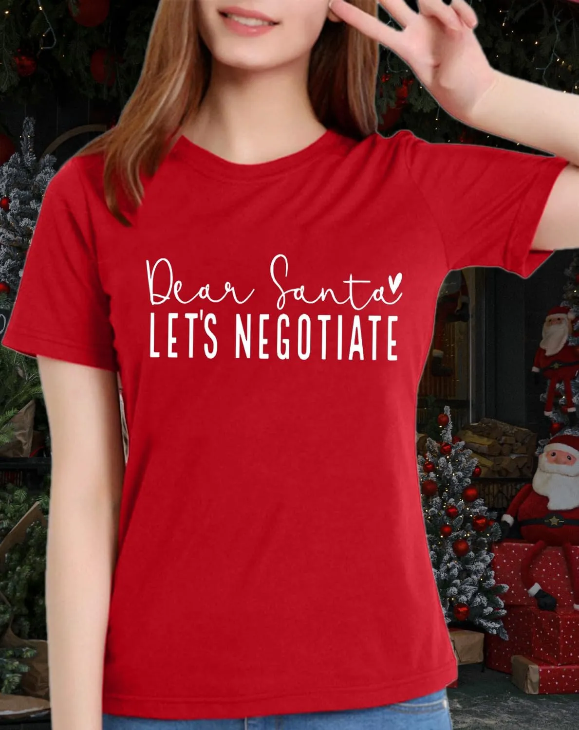 Christmas Shirts for Women Funny Saying Graphic Tees Dear Santa, Let's Negotiate Letter Print Short Sleeve Xmas Holiday Tops