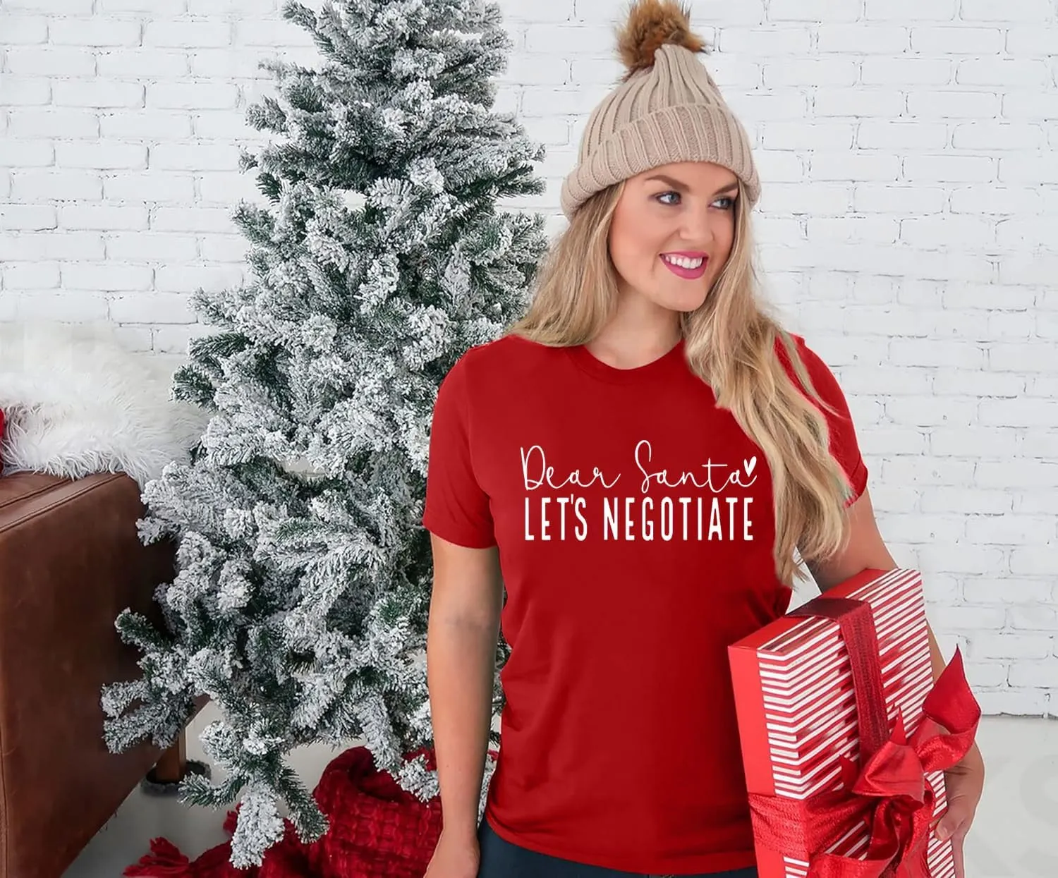 Christmas Shirts for Women Funny Saying Graphic Tees Dear Santa, Let's Negotiate Letter Print Short Sleeve Xmas Holiday Tops