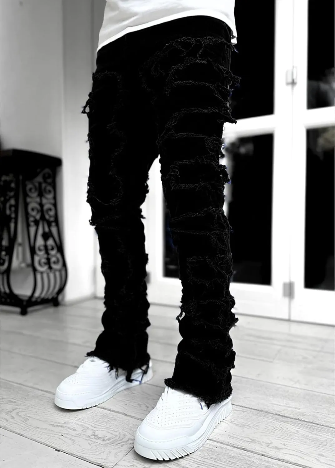 COOLMONAR Men's Ripped Distressed Destroyed Slim Fit Straight Leg Denim Jeans