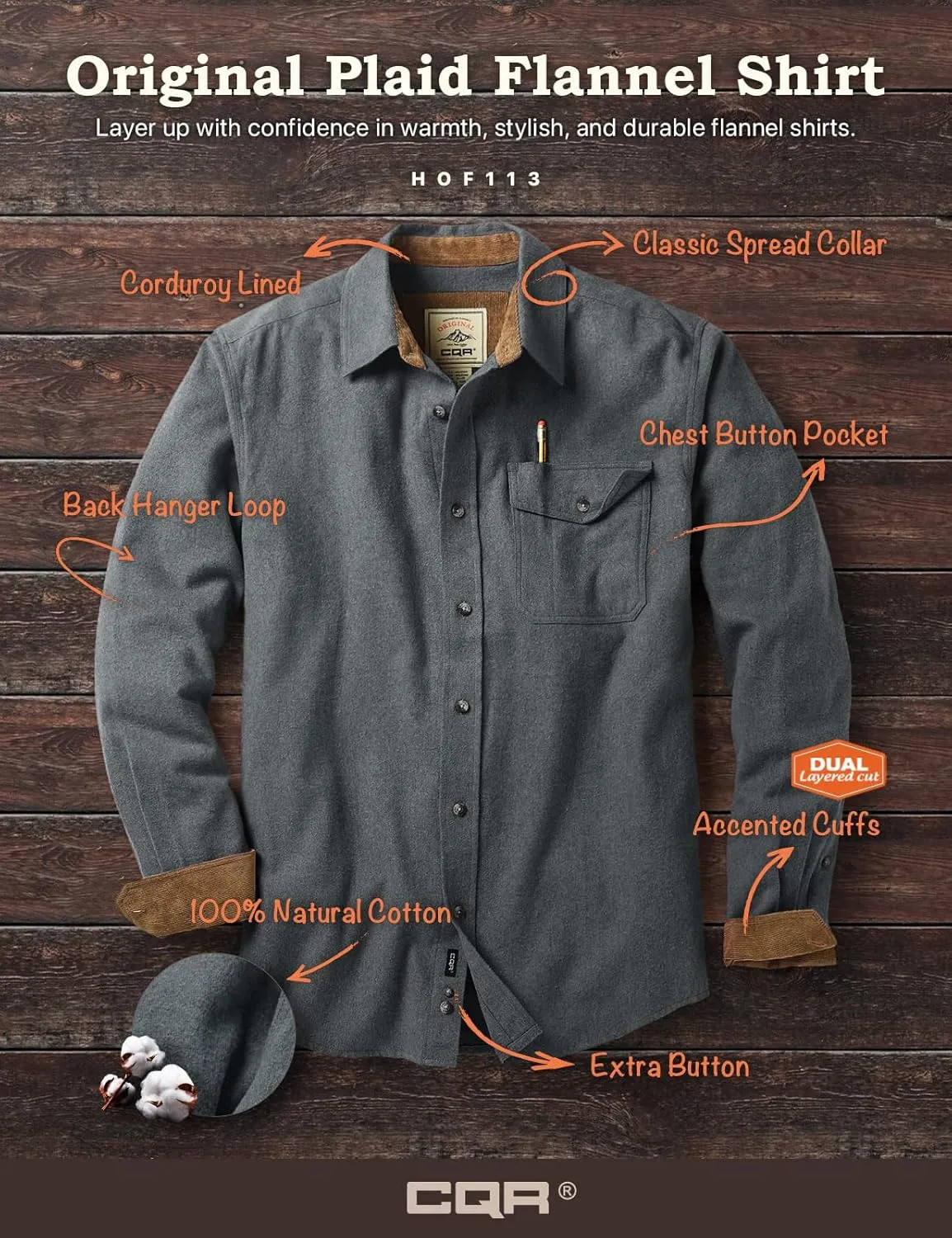 CQR Men's All Cotton Flannel Shirt, Long Sleeve Casual Button Down Plaid Shirt, Brushed Soft Outdoor Tactical Work Shirts