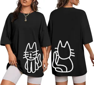 Cute Cat Shirts for Women Oversized Black Cat Graphic Tshirt Casual T-Shirt Kawaii Tees Aesthetic Funny Tops