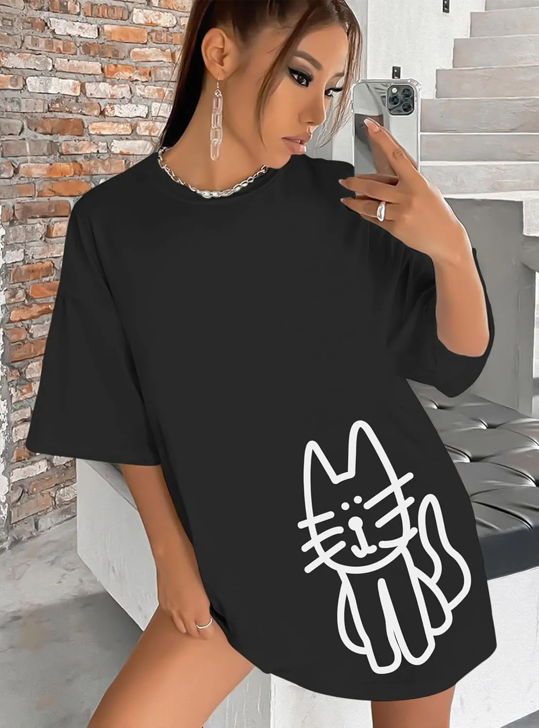 Cute Cat Shirts for Women Oversized Black Cat Graphic Tshirt Casual T-Shirt Kawaii Tees Aesthetic Funny Tops