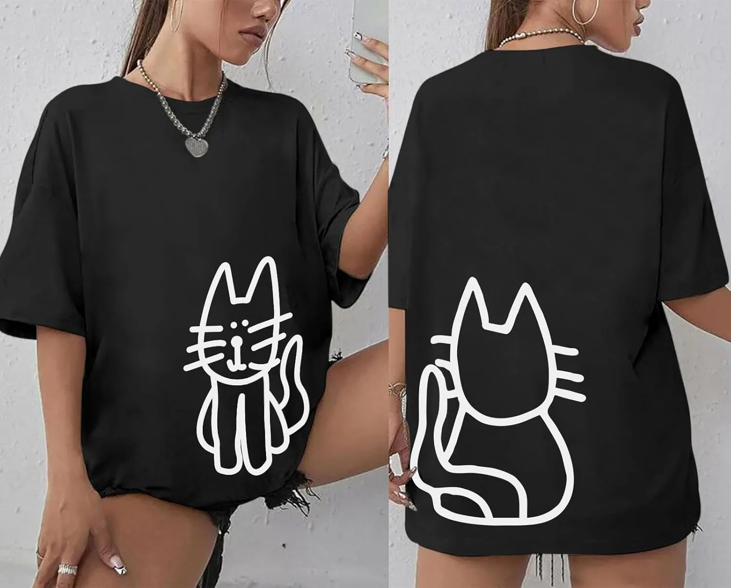 Cute Cat Shirts for Women Oversized Black Cat Graphic Tshirt Casual T-Shirt Kawaii Tees Aesthetic Funny Tops