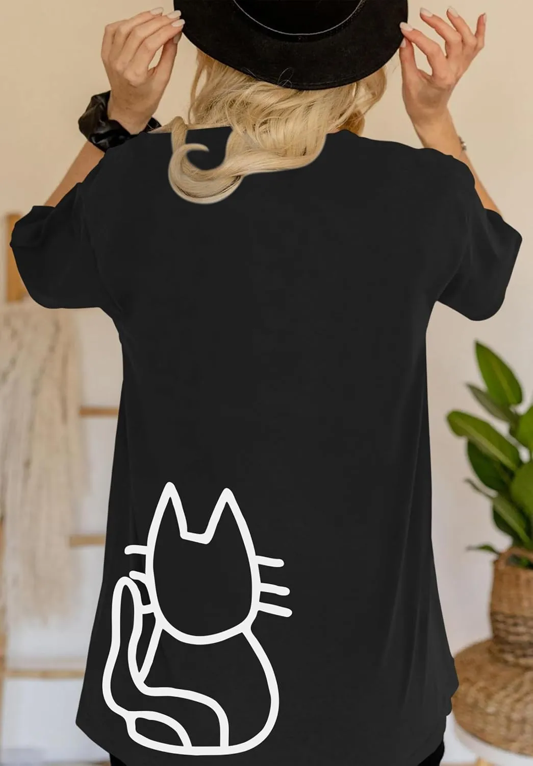 Cute Cat Shirts for Women Oversized Black Cat Graphic Tshirt Casual T-Shirt Kawaii Tees Aesthetic Funny Tops