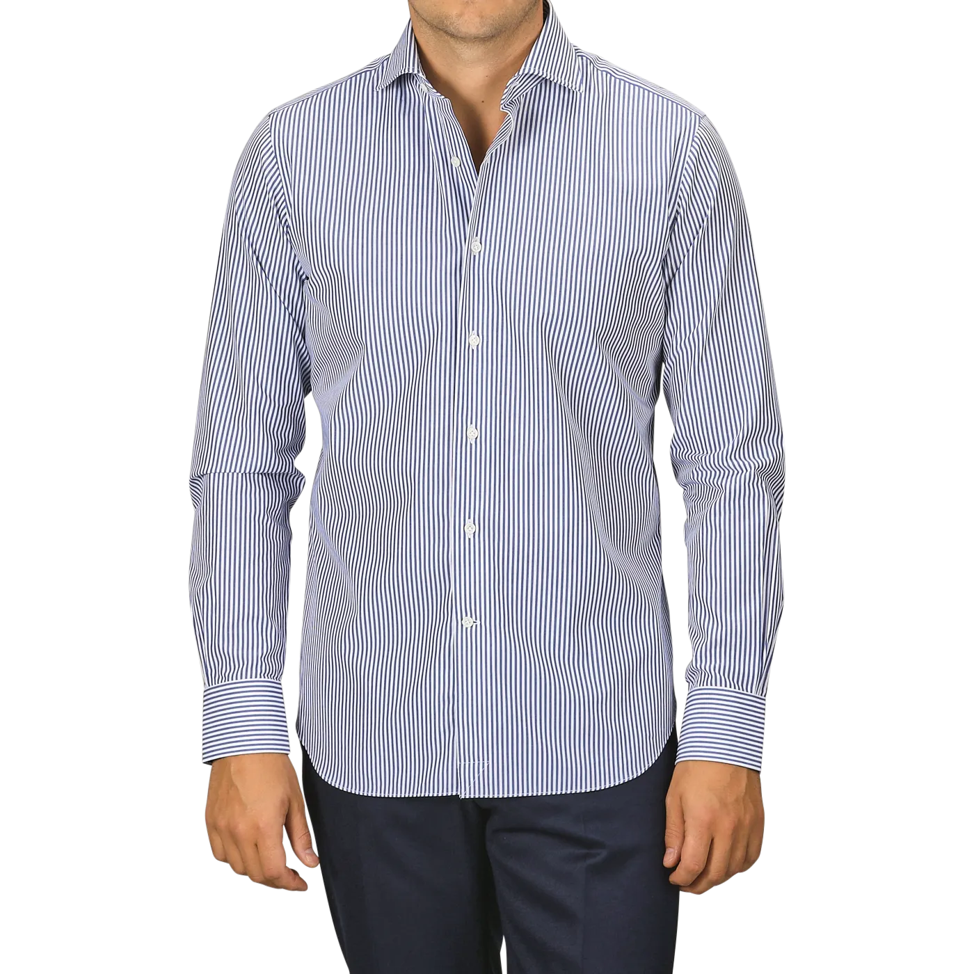 Dark Blue Striped Cotton Single Cuff Shirt
