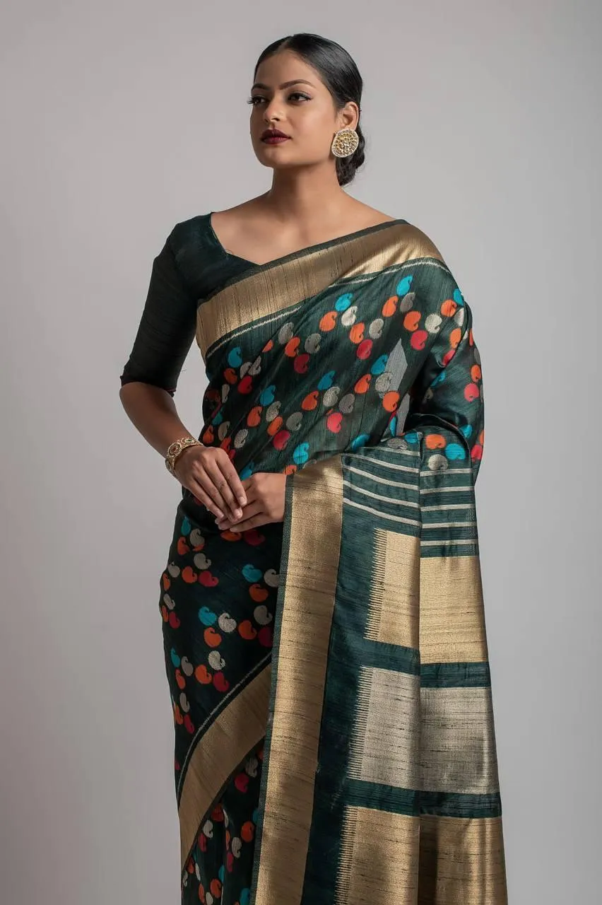 Dark Green Paisley Kadampalli Tussar Silk  Saree