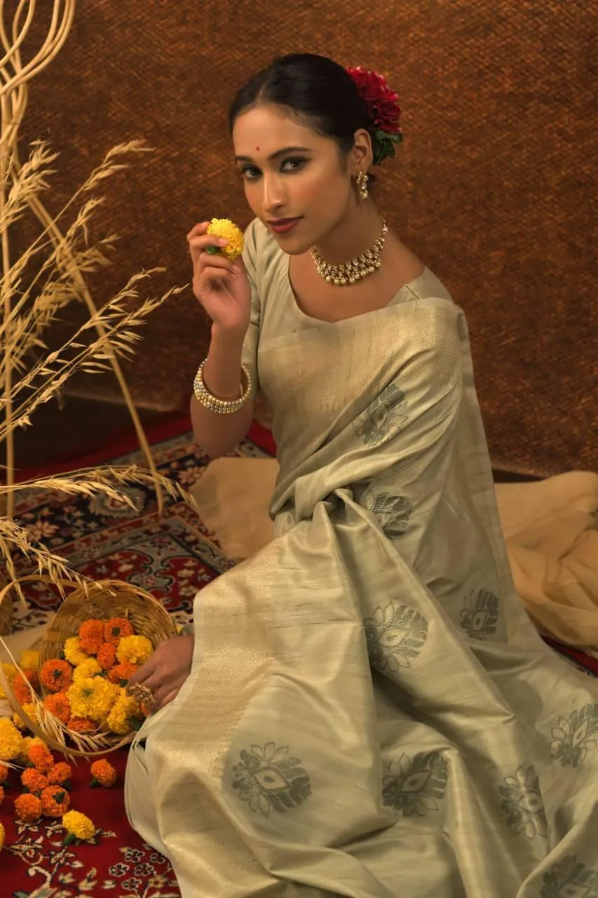 Ecru Beige Mulberry Silk  Saree