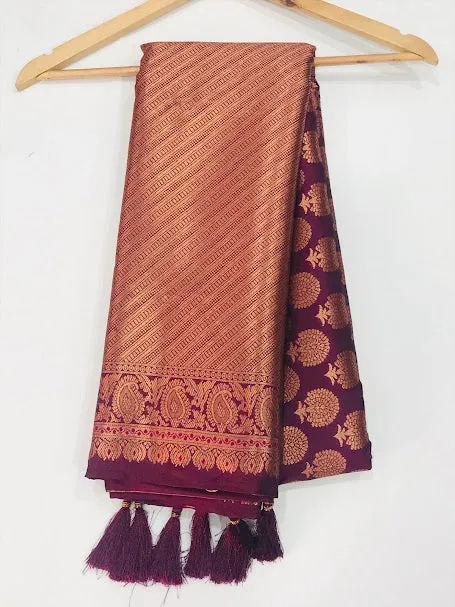 Gorgeous Floral Design Soft Silk Saree With Tassels For Women