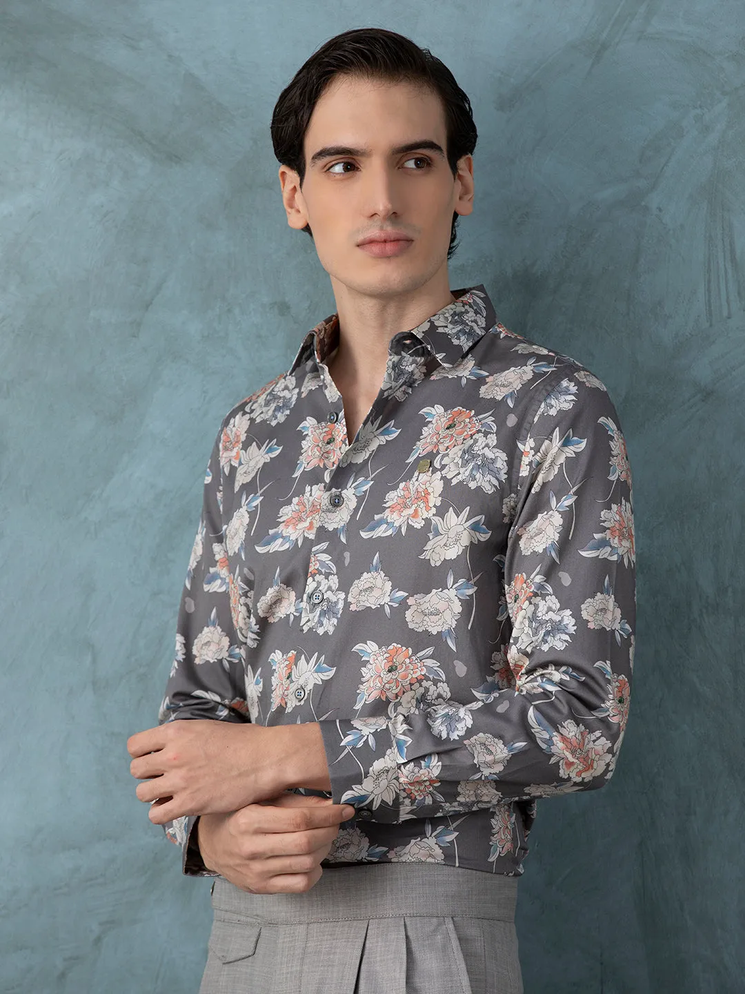 Grey Floral Printed Shirt