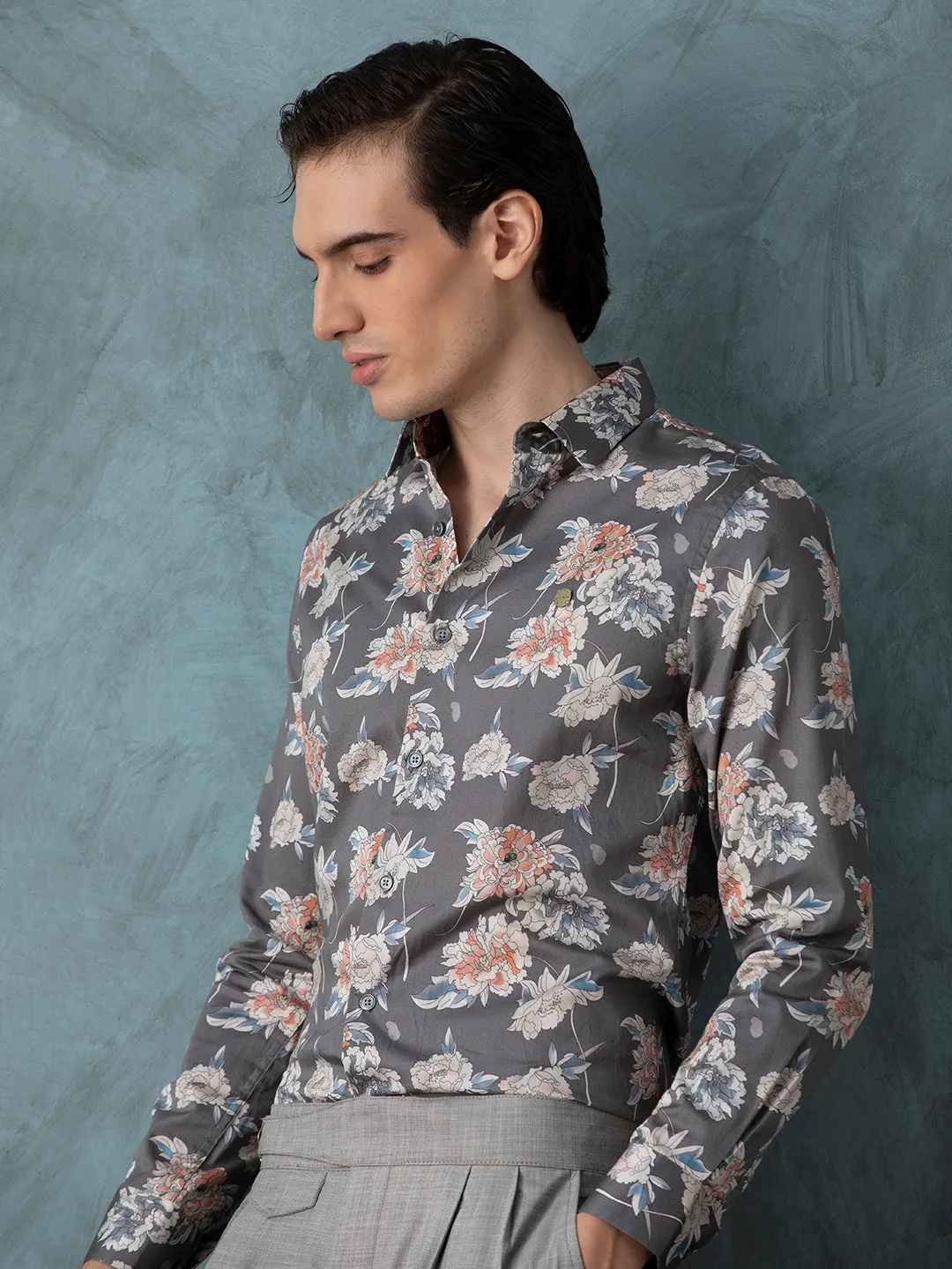 Grey Floral Printed Shirt