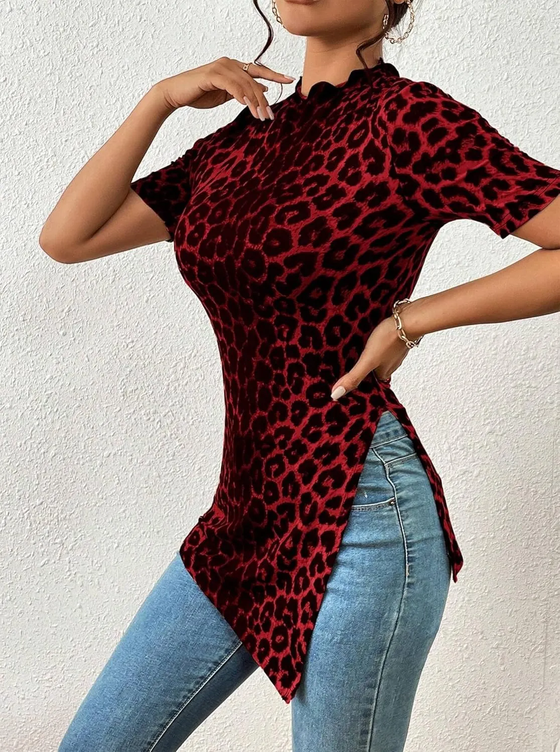 Hilinker Women's Leopard Print Split Hem Tops Summer Mock Neck Short Sleeve Shirts