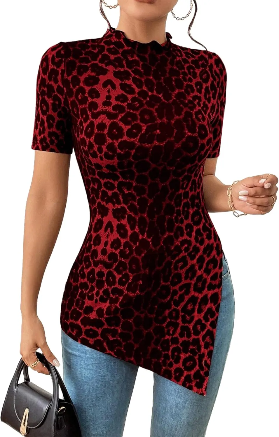 Hilinker Women's Leopard Print Split Hem Tops Summer Mock Neck Short Sleeve Shirts