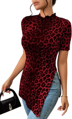 Hilinker Women's Leopard Print Split Hem Tops Summer Mock Neck Short Sleeve Shirts