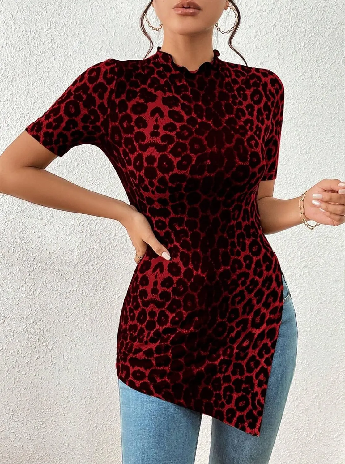 Hilinker Women's Leopard Print Split Hem Tops Summer Mock Neck Short Sleeve Shirts