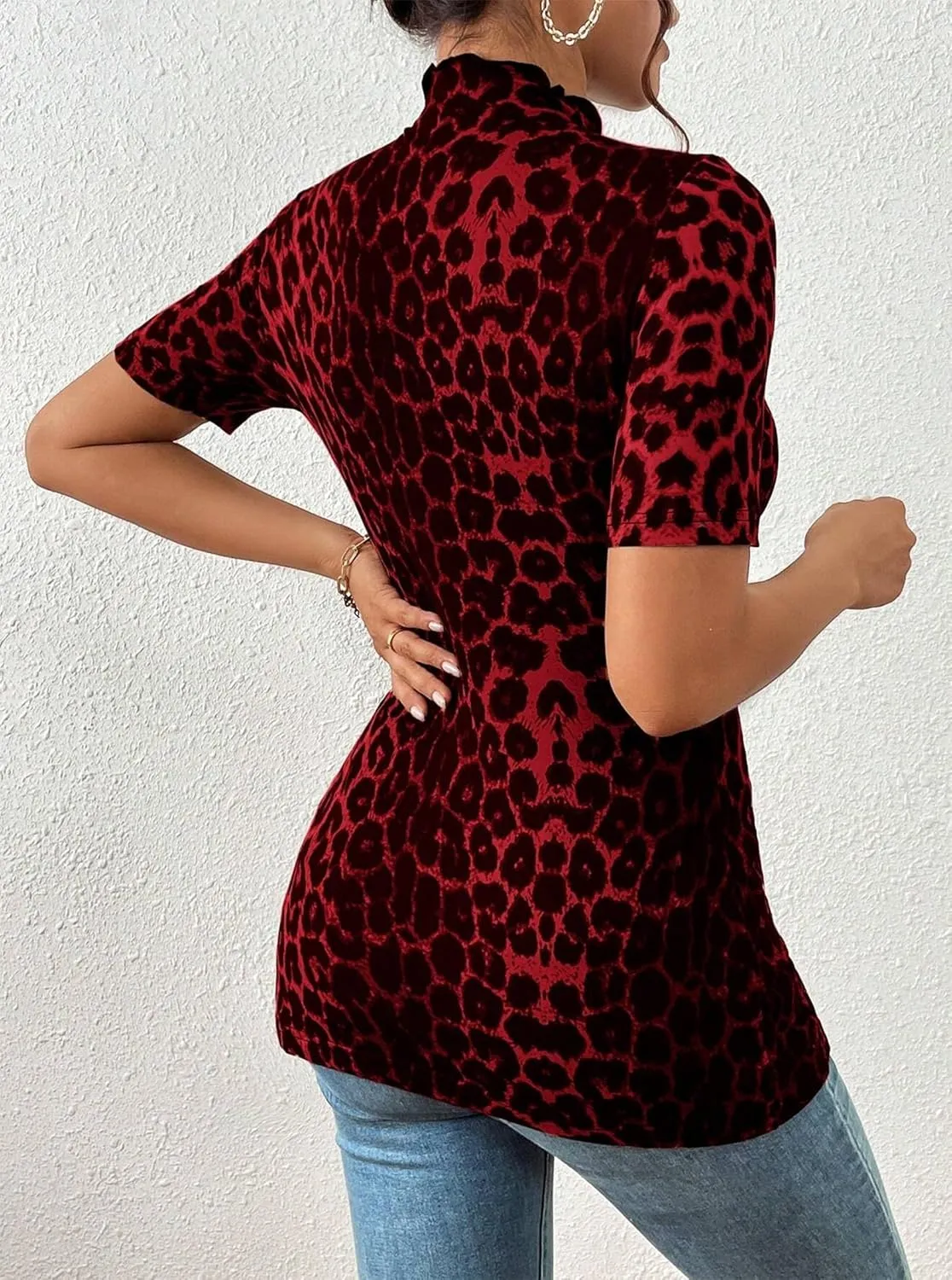 Hilinker Women's Leopard Print Split Hem Tops Summer Mock Neck Short Sleeve Shirts