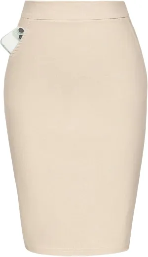 Kate Kasin Womens Knee Length Elastic Waist Basic Stretchy Bodycon Business Pencil Skirt