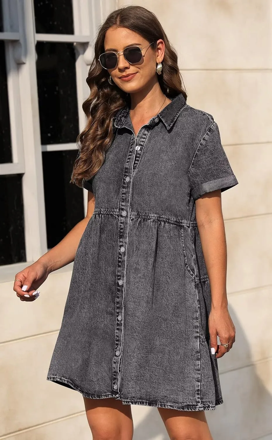 KDF Denim Dress for Women with Pockets Short Sleeve Babydoll Denim Shirt Dresses for Women 2025