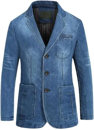 Kiioouu Men Denim Blazer Lapel Cool Denim Jacket Pockets Denim Blazer