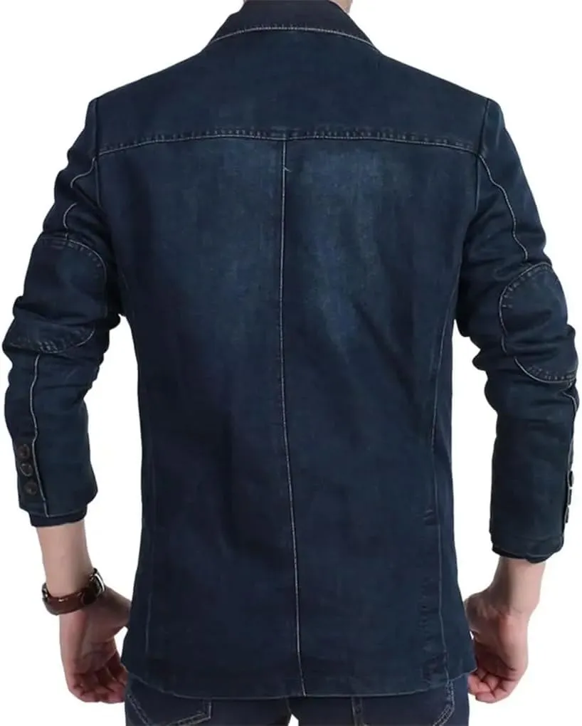 Kiioouu Men Denim Blazer Lapel Cool Denim Jacket Pockets Denim Blazer