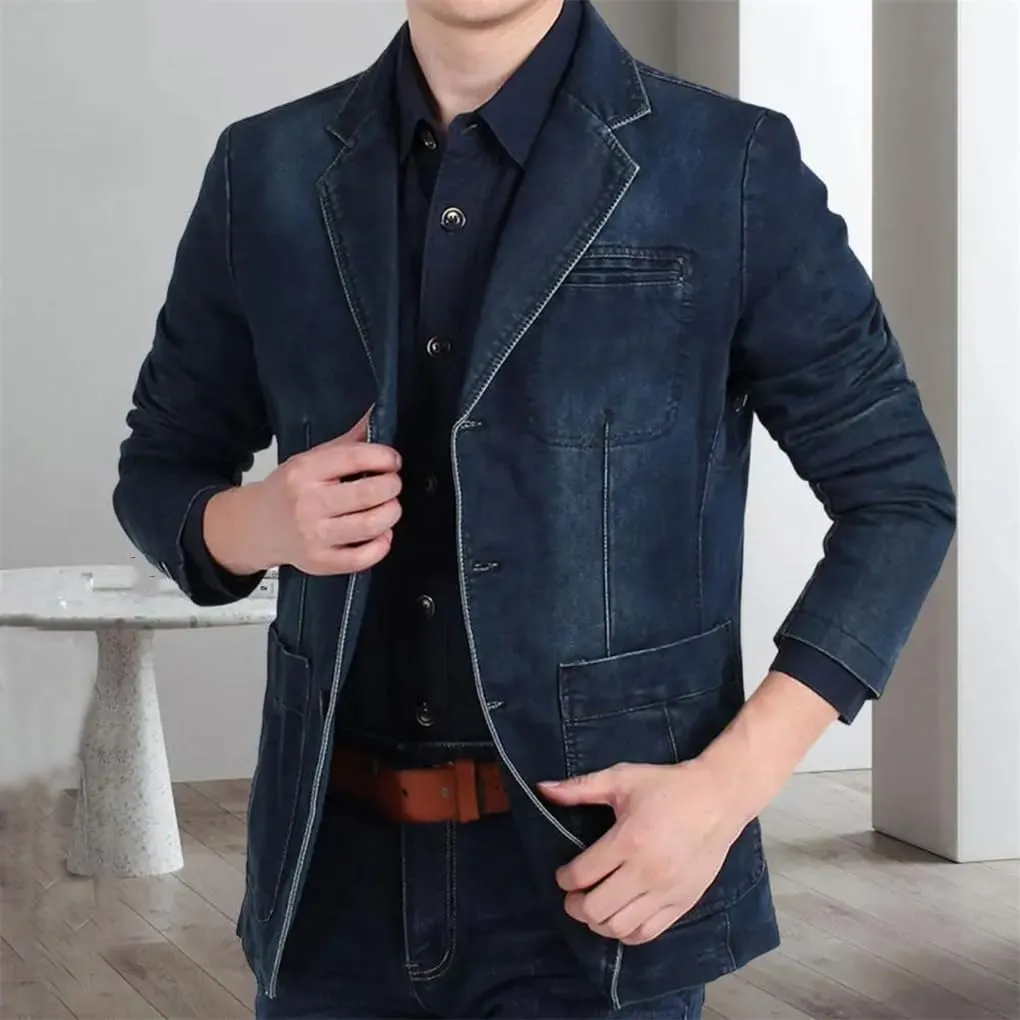 Kiioouu Men Denim Blazer Lapel Cool Denim Jacket Pockets Denim Blazer