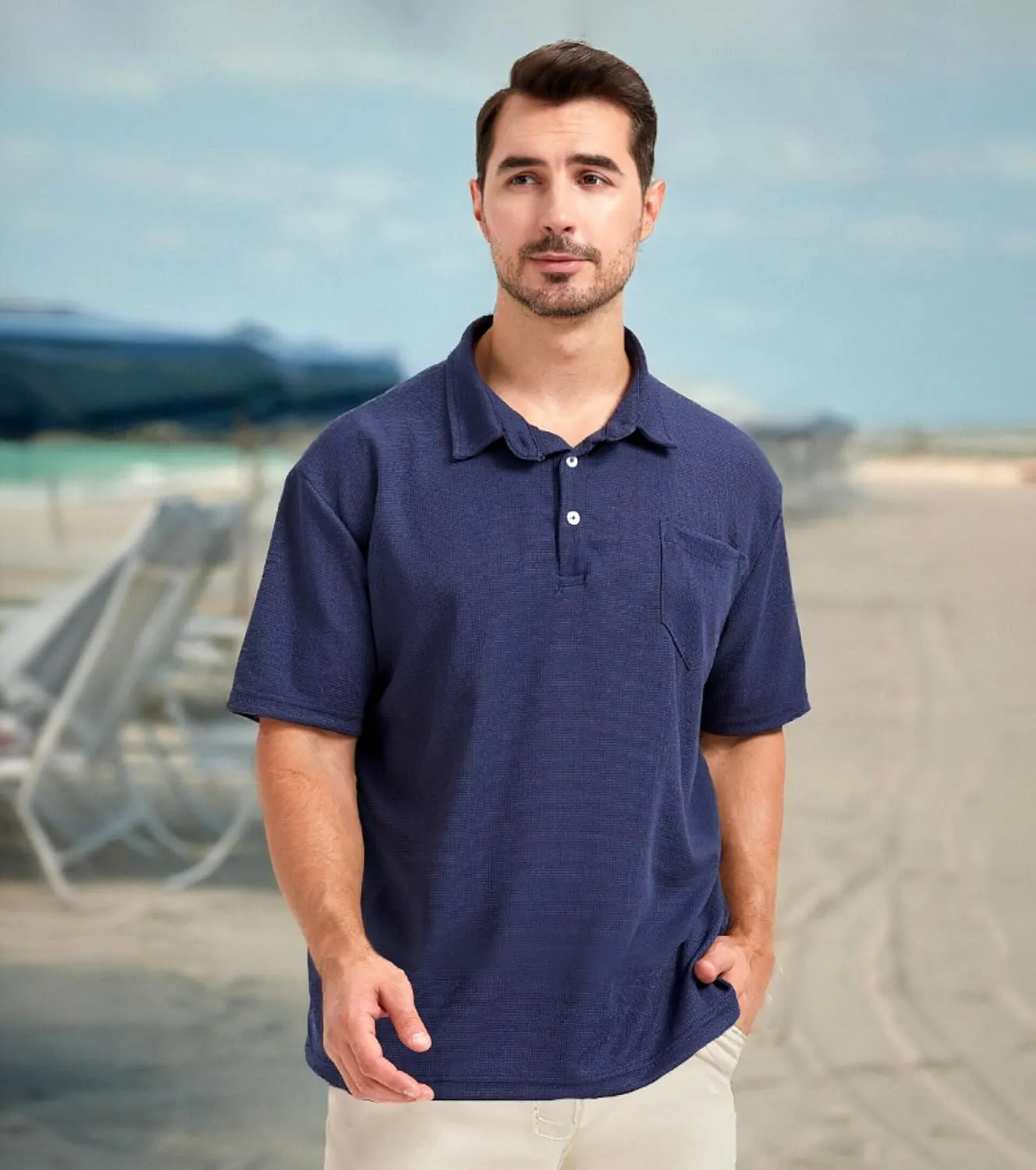 Knit Polo Shirts for Men Button Down Short Sleeve Shirt Men's Waffle Knitted T-Shirt Summer Golf Tee Shirt with Pocket