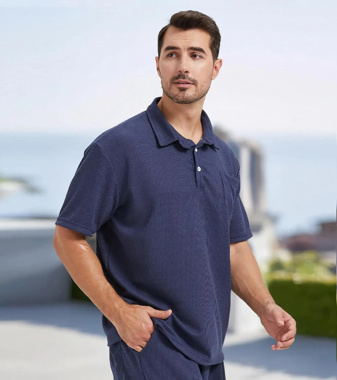 Knit Polo Shirts for Men Button Down Short Sleeve Shirt Men's Waffle Knitted T-Shirt Summer Golf Tee Shirt with Pocket